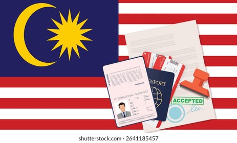 Visa to Malaysia and Passport. Malaysian Flag Background Vector