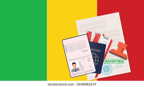 Visa to Mali and Passport. Mali Flag Background Vector