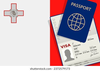 Visa to Malta and Passport. Maltese Flag Background Vector