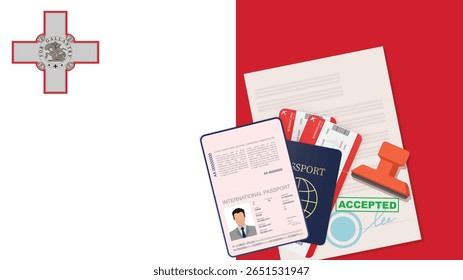 Visa to Malta and Passport. Maltese Flag Background Vector