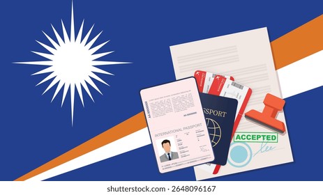 Visa to Marshall Islands and Passport. Marshall Islands Flag Background. Vector