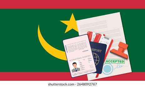Visto para a Mauritânia e Passaporte. Vetor de Fundo da Bandeira da Mauritânia