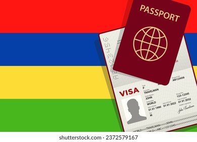 Visa to Mauritius and Passport. Mauritian Flag Background Vector