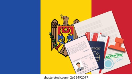 Passaporte de Visto para a Moldávia. Vetor de Fundo da Bandeira da Moldávia