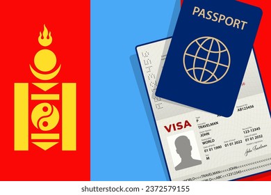 Visa a Mongolia y Pasaporte. Vector de fondo de bandera mongol