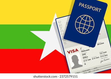 Visa a Myanmar y Pasaporte. Vector de fondo de bandera de Myanmar