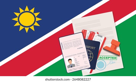 Visto para a Namíbia e Passaporte. Vetor de Fundo da Bandeira da Namíbia
