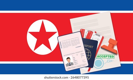 Visa para a Coreia do Norte e Passaporte. Plano de fundo da bandeira norte-coreana. Vetor
