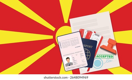 Visto para a Macedônia do Norte e Passaporte. Plano de fundo da bandeira da Macedônia do Norte. Vetor