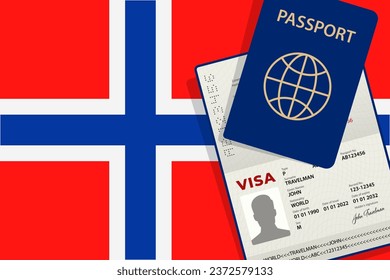 Visa a Noruega y Pasaporte. Vector de fondo de la bandera noruega