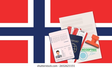 Visto para a Noruega e passaporte. Vetor de Plano de Fundo de Sinalizador Norueguês