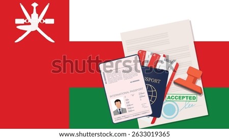 Visa to Oman and Passport. Omani Flag Background Vector