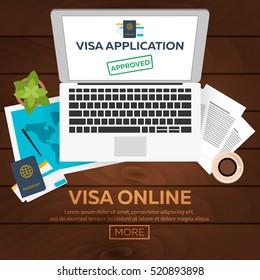 Visa online. Visa application. Document for travel. Vector flat illustration