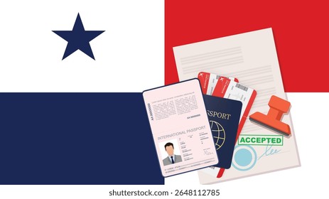 Visto para o Panamá e Passaporte. Vetor de Plano de Fundo da Bandeira do Panamá