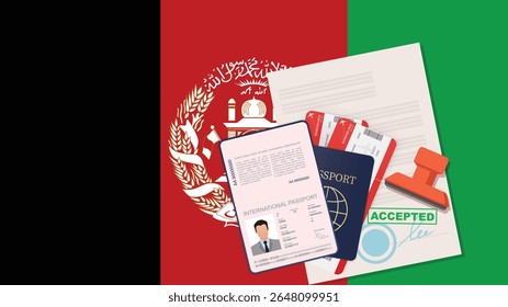Visto e Passaporte para o Afeganistão. História da Bandeira Afegã. Vetor