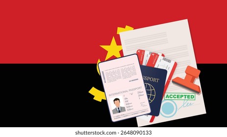Visa e Passaporte para Angola. Fundo da Bandeira Angolana. Vetor