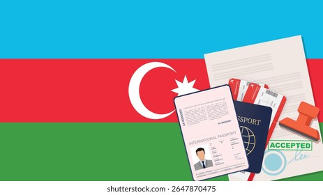 Visto e passaporte para o Azerbaijão. Vetor de Fundo da Bandeira do Azerbaijão