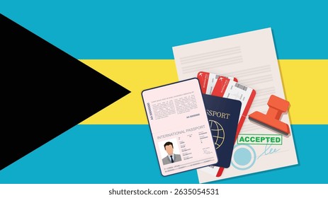 Visto e passaporte para as Baamas. Histórico da bandeira das Bahamas. Vetor