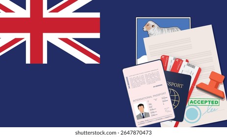 Visa e Passaporte para as Ilhas Malvinas. Vetor de Fundo da Bandeira das Ilhas Malvinas