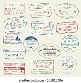 Visa passport stamp symbol set. International travel visa stamp of Italy, Germany, USA, Brazil and Colombia. Tourism, visa application, arrival document, vacation journey planning and traveling design