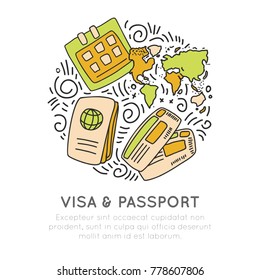 Visa and passport travelling icon set in hand draw cartooning style. Vector doodle travel documents, tickets icons with world map and decorative elements in round form. Vector travelling icon concept