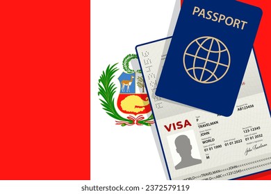 Visa a Perú y Pasaporte. Vector de fondo de la bandera peruana