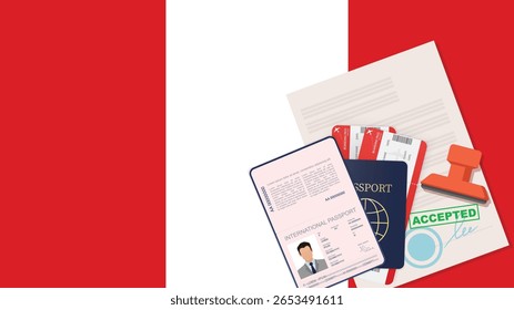 Visto para o Peru e passaporte. Vetor de Fundo da Bandeira do Peru