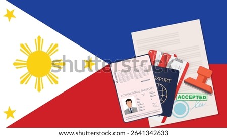 Visa to Philippines and Passport. Philippine Flag Background Vector