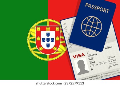 Visa to Portugal and Passport. Portuguese Flag Background Vector