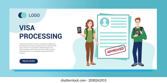 Visa processing banner template. Happy people keep a foreign passport. Students will study in another country. 