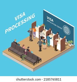 Visa processing isometric background with staff of visa application center serving visitors vector illustration