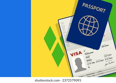 Visa to Saint Vincent and Grenadines and Passport. Saint Vincent and Grenadines Flag Background. Vector