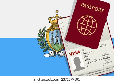 Visa to San Marino and Passport. San Marino Flag Background. Vector