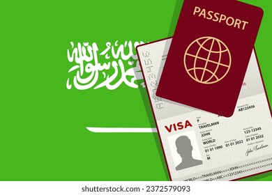 Visa to Saudi Arabia and Passport. Saudi Arabia Flag Background. Vector