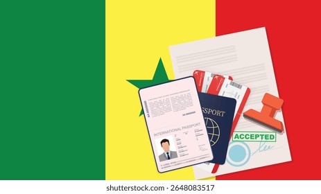 Passaporte para o Senegal. Vetor de Fundo da Bandeira do Senegal