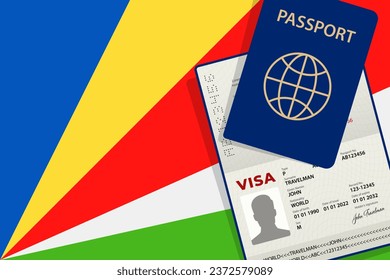Visa to Seychelles and Passport. Seychelles Flag Background Vector