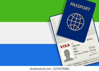 Visa to Sierra Leone and Passport. Sierra Leone Flag Background. Vector