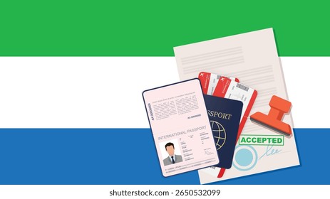 Visa para Serra Leoa e Passaporte. História da Bandeira de Serra Leoa. Vetor