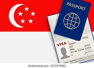 Visa to Singapore Passport. Singaporean Flag Background Vector