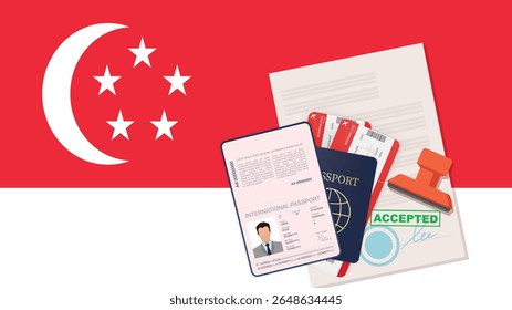 Visa para Singapura Passaporte. Vetor de Fundo da Bandeira de Cingapura