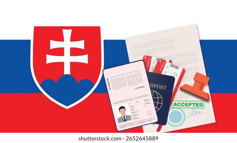 Passaporte para a Eslováquia. Vetor de Fundo da Bandeira da Eslováquia