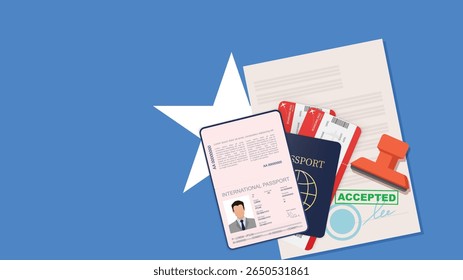 Visto para a Somália e passaporte. Vetor de Plano de Fundo do Sinalizador da Somália
