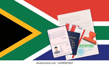 Visto para a África do Sul e Passaporte. Plano de fundo do sinalizador RSA. Vetor