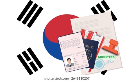 Visa para Coreia do Sul Passaporte. Bandeira Sul-Coreana. Vetor