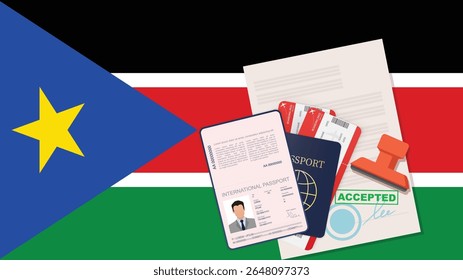 Visto para o Sudão do Sul e Passaporte. Vetor de Fundo da Bandeira do Sudão do Sul