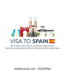 Visa to Spain. Document for travel. Vector flat illustration