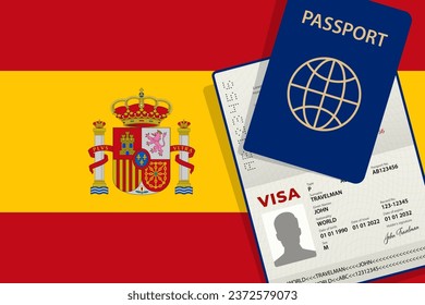Visa to Spain and Passport. Spanish Flag Background Vector