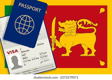 Visa to Sri Lanka and Passport. Sri Lankan Flag Background. Vector