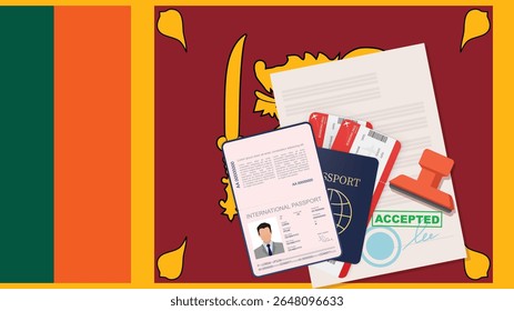 Visto para o Sri Lanka e Passaporte. História da Bandeira do Sri Lanka. Vetor