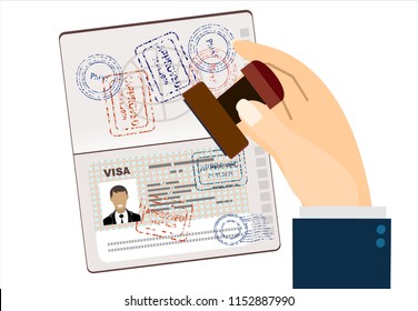 Visa Stamp Passport. Hand puts a stamp in the passport with a mark approved. travel document. vector illustration in flat design.